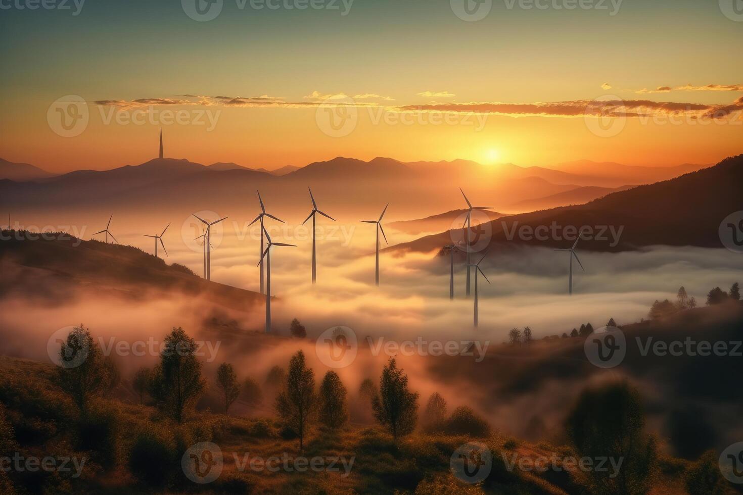 Wind turbines in the mountains at sunset. photo