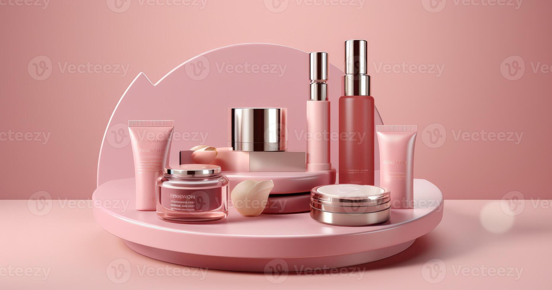 Makeup cosmetics and products mockup, pink background. photo
