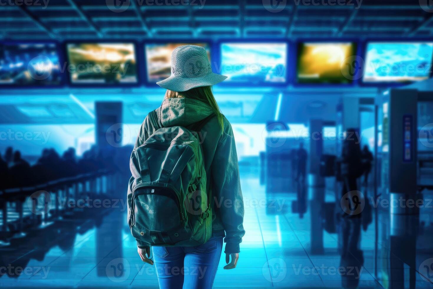 A woman walking in an airport with a backpack. back view photo. photo