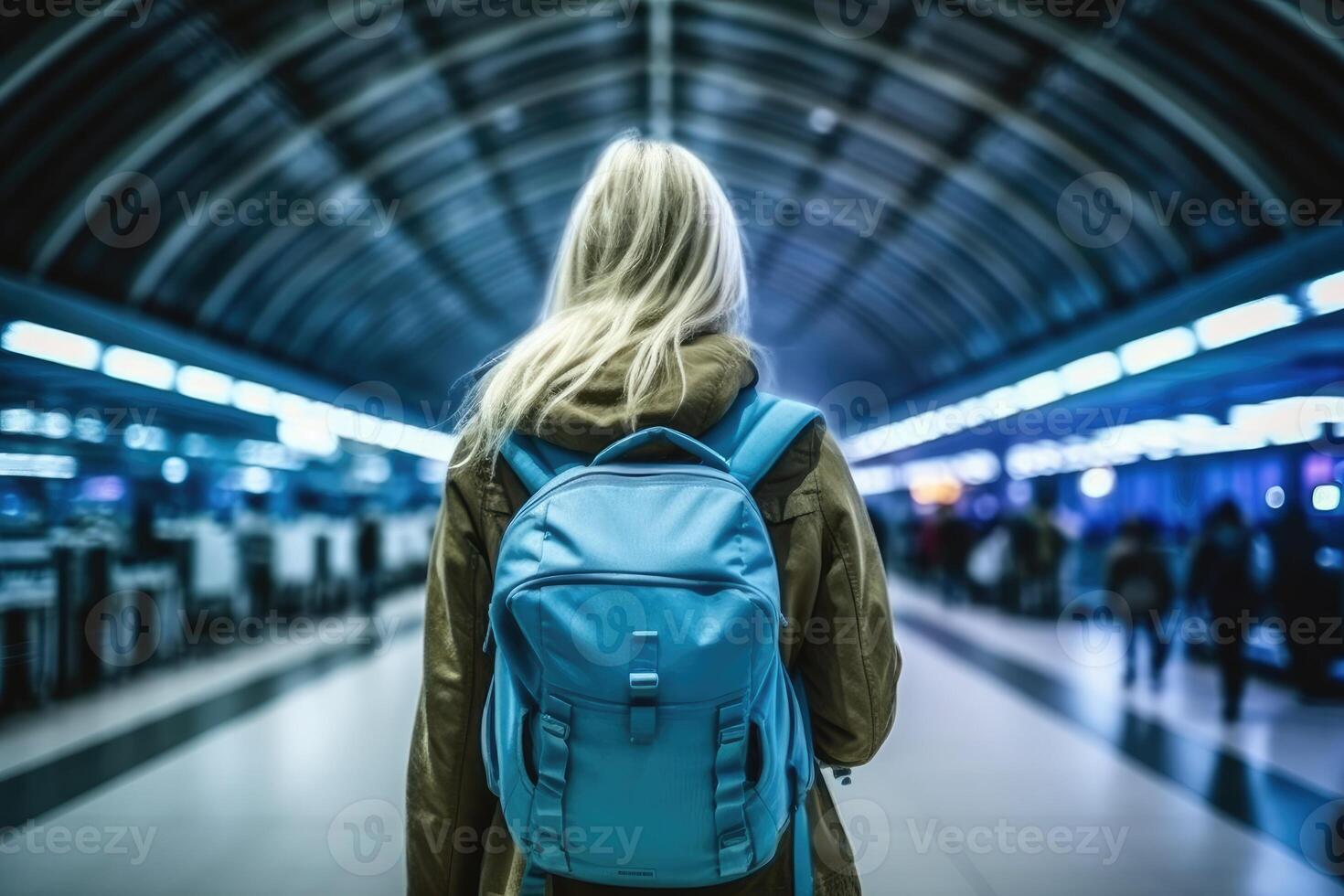 A woman walking in an airport with a backpack. back view photo. photo