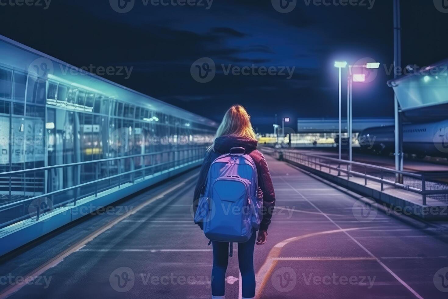 A woman walking in an airport with a backpack. back view photo. photo
