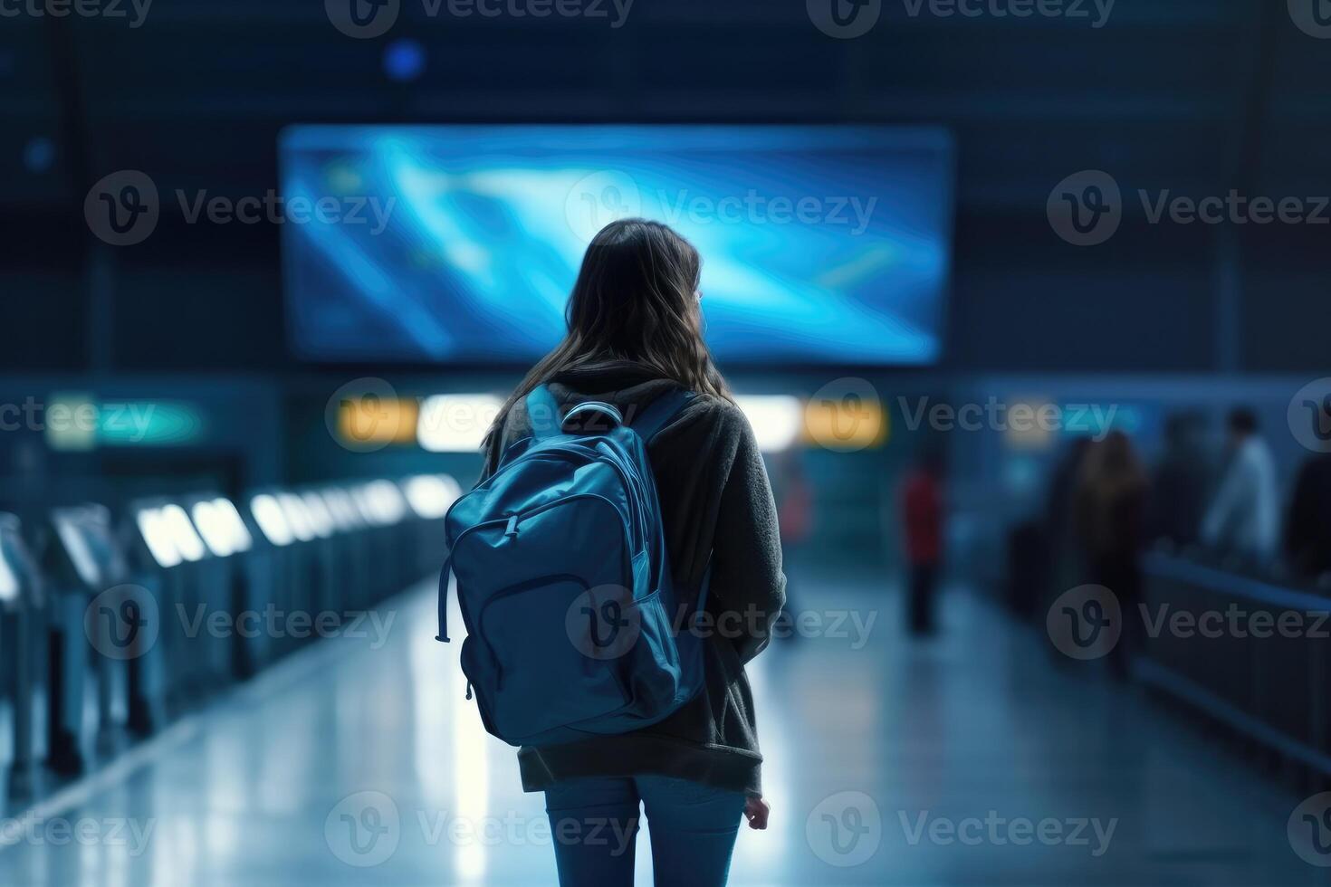 A woman walking in an airport with a backpack. back view photo. photo