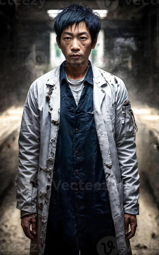 scientist researcher wearing ripped lab coat at laboratory, photo