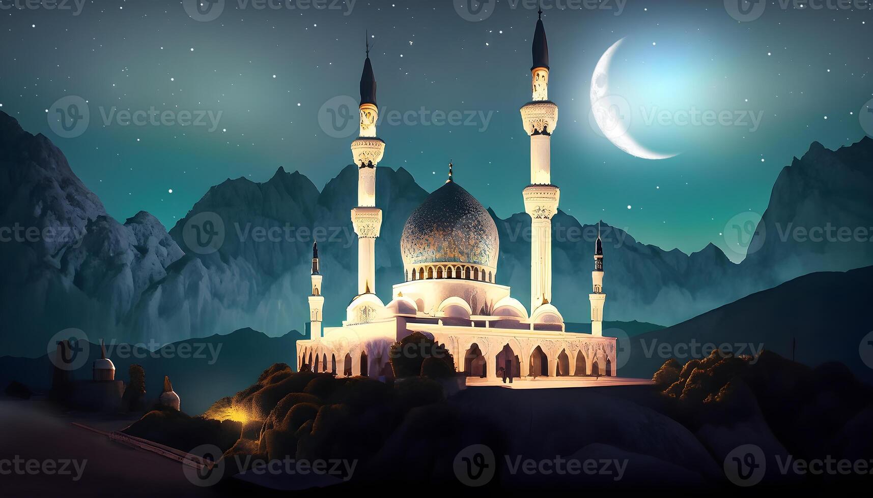 Mosque silhouette in night sky with crescent moon and star. . photo