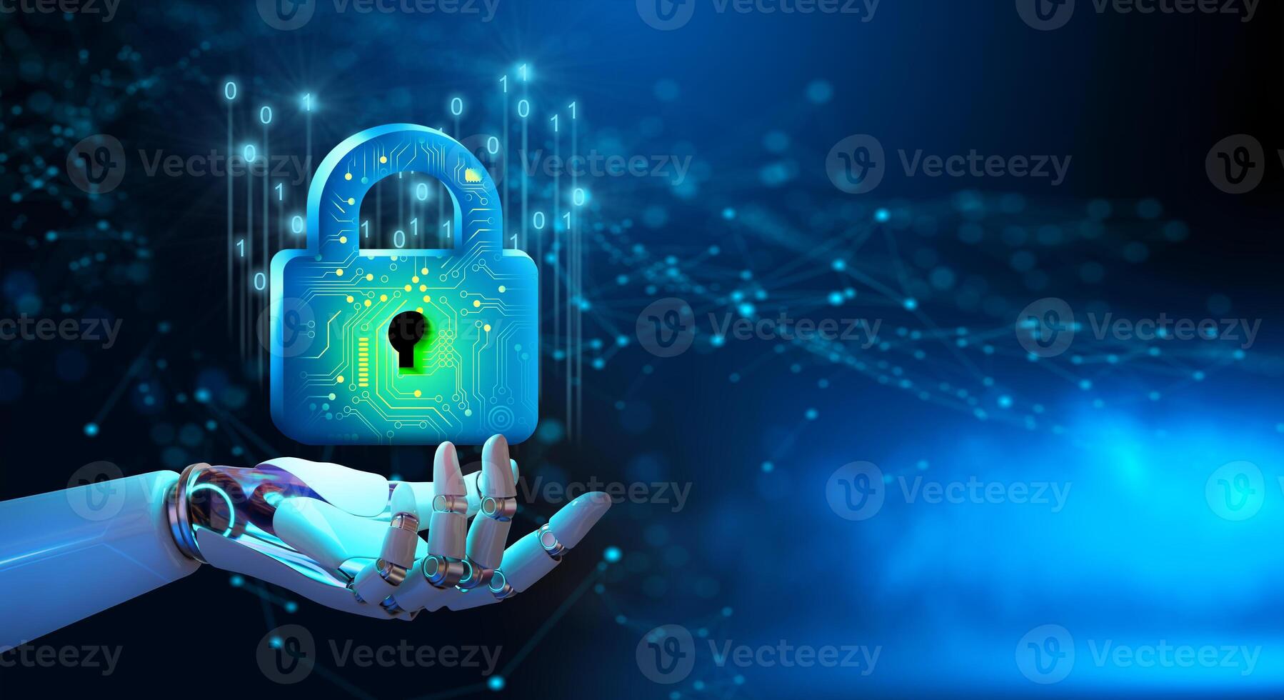 Robot hand holding Padlock with Keyhole on Smartphone. Modern safety digital Concept. . photo