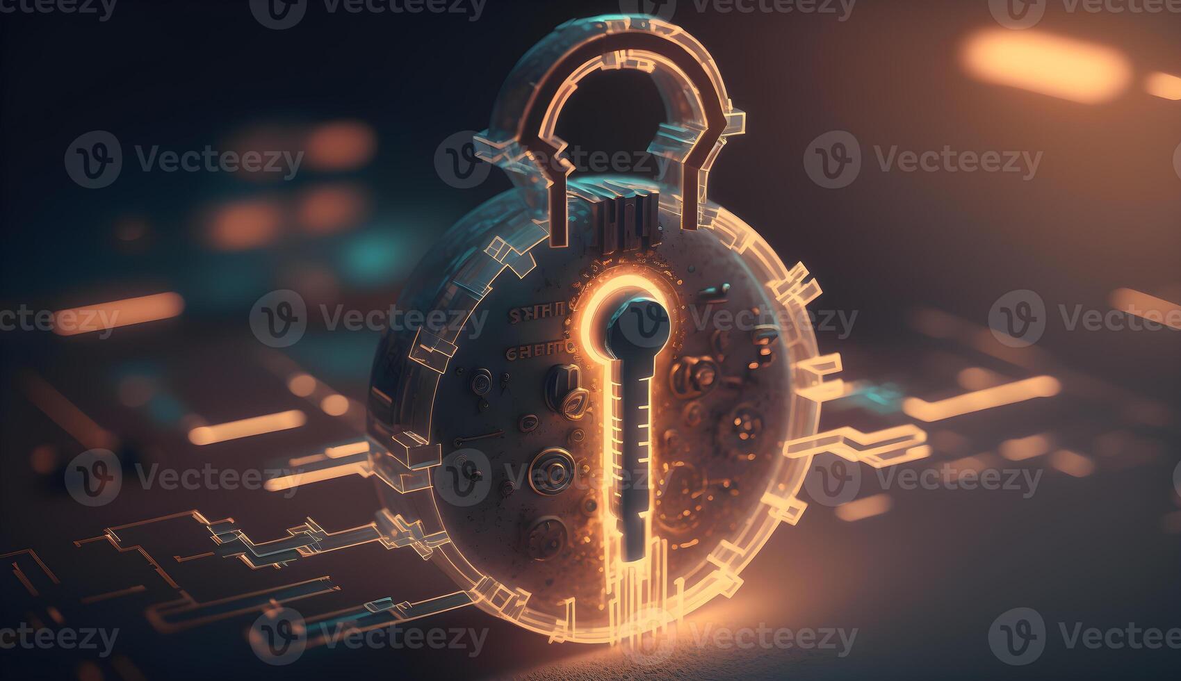 Padlock with Keyhole in data security on circuit. Modern safety digital Concept. . photo