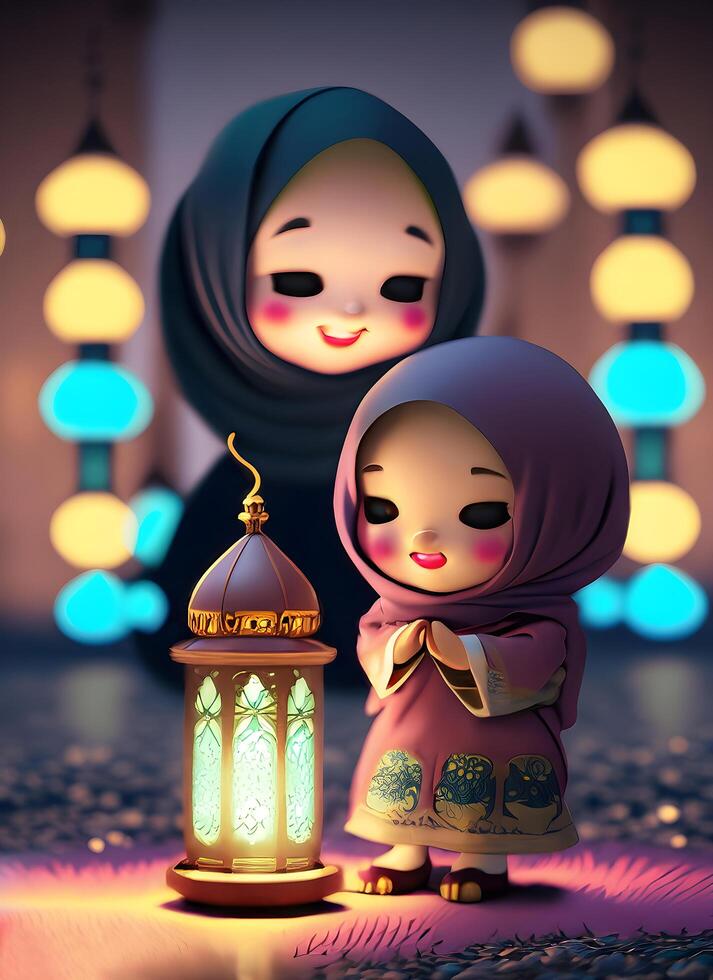 Cute muslim children cartoon. . photo