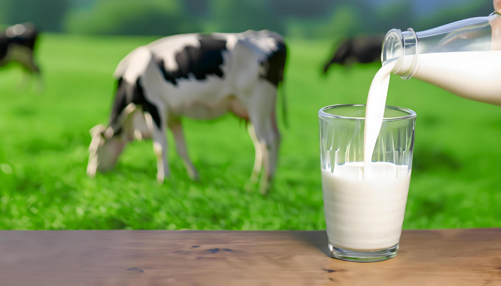 Leche es vertido dentro un vaso taza desde un botella en el de madera mesa. mundo Leche día concepto. generativo ai. foto