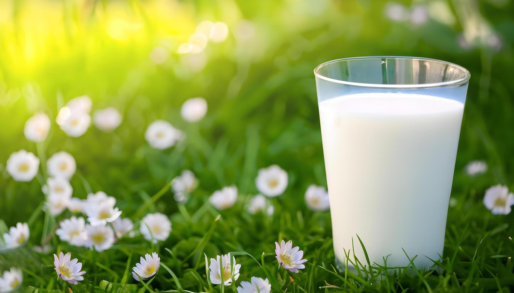 A glass of milk on green grass. World Milk Day concept. . photo