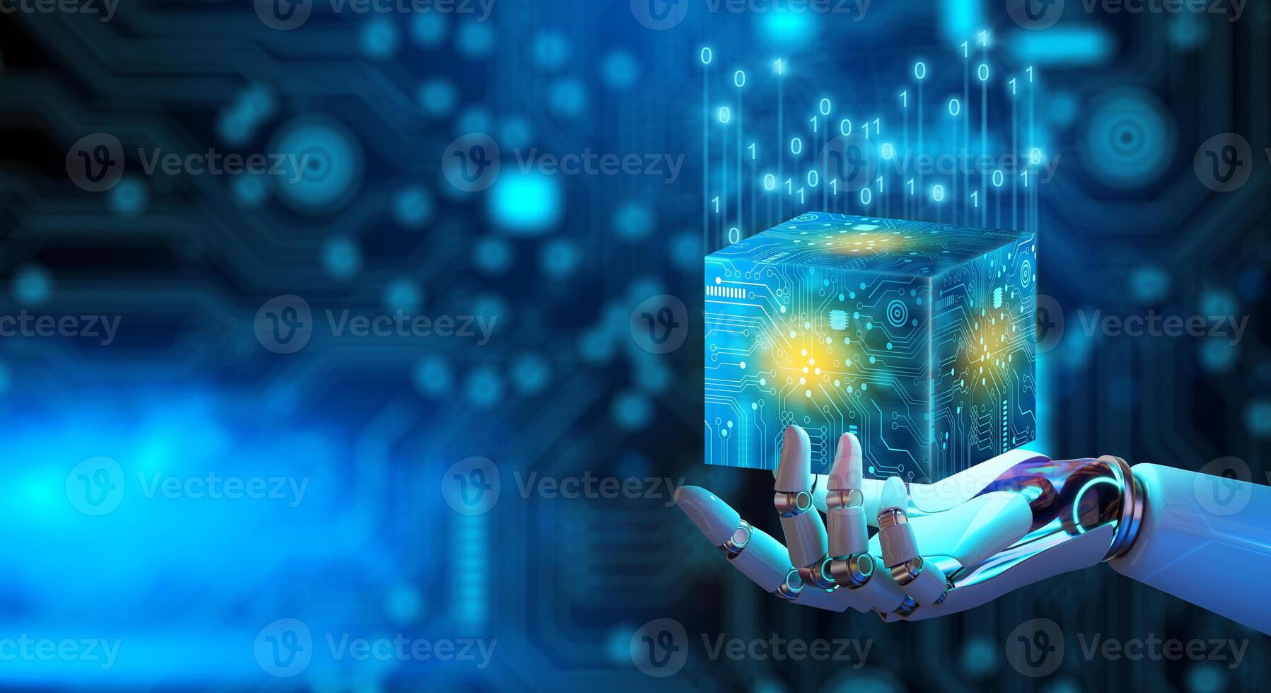 Businessman hand holding Ai Cube computing technology. Cloud data and Internet Security. . photo