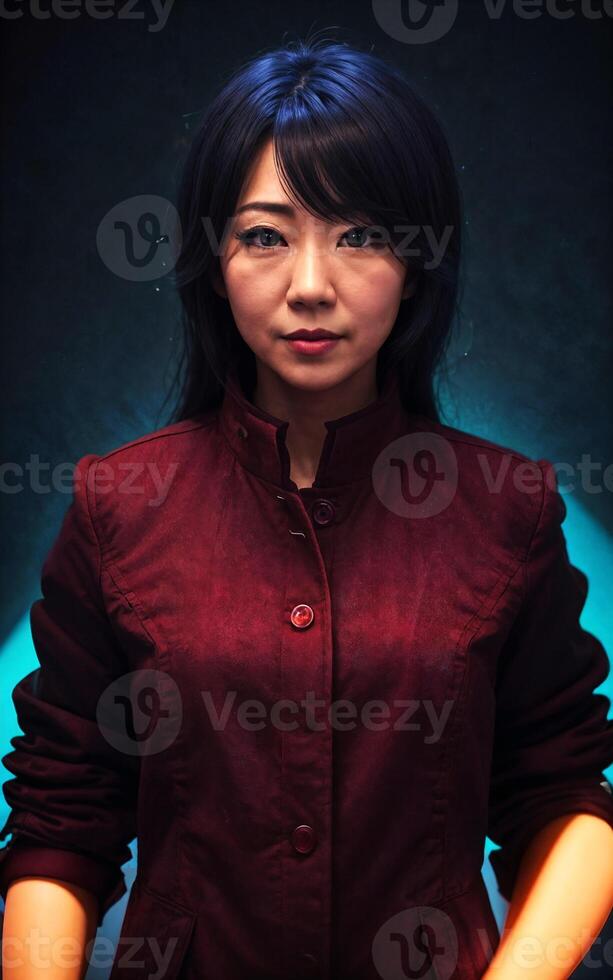 middle aged asian woman with black background and light , photo