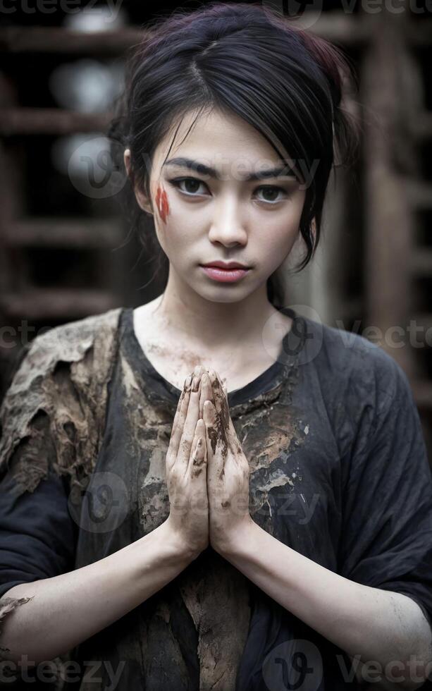 poor asian woman sawasdee raises hands together in a prayer pose , photo