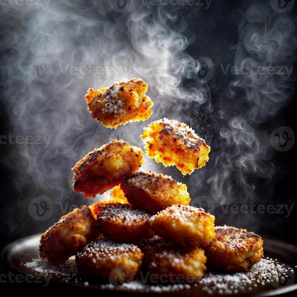 close up of food photography fried chicken stick with black background , photo