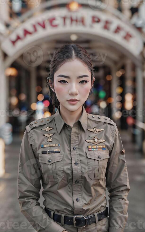 beautiful asian Thailand police woman at street, photo