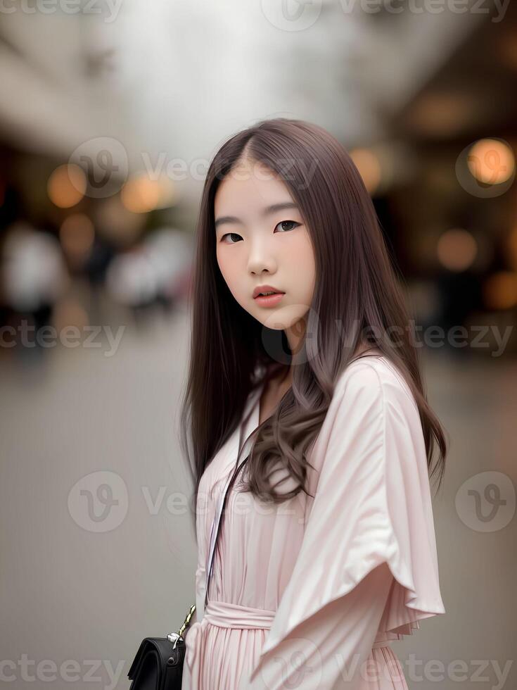 beautiful teenage asian woman posting for picture at the mall, generative art by A.I. photo