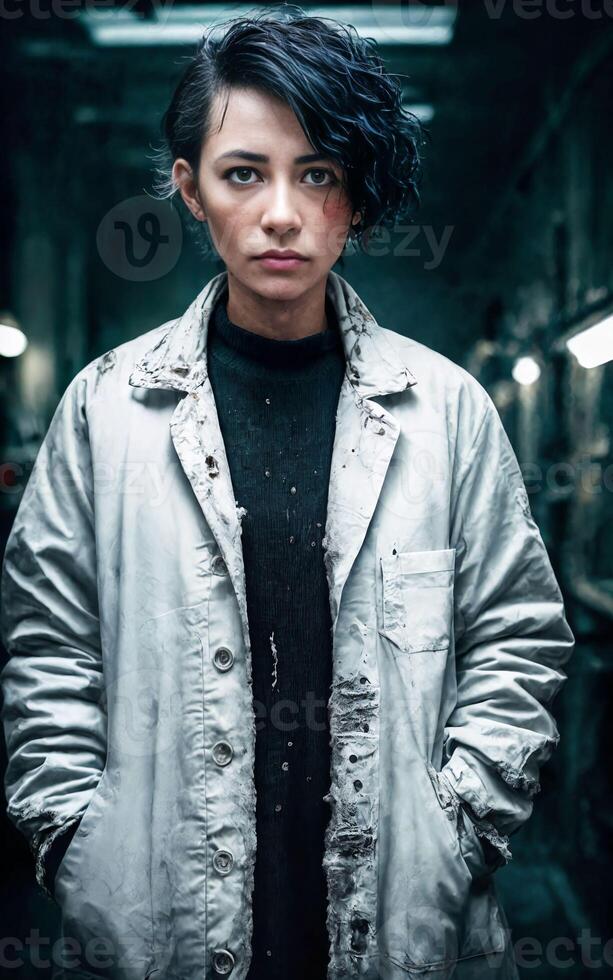 scientist researcher wearing ripped lab coat at laboratory, photo