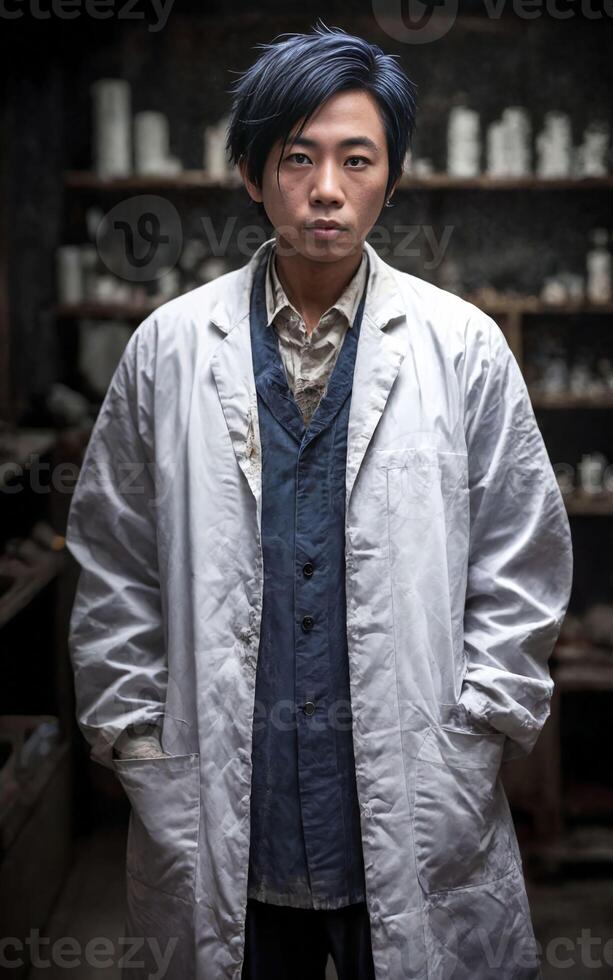 scientist researcher wearing ripped lab coat at laboratory, photo
