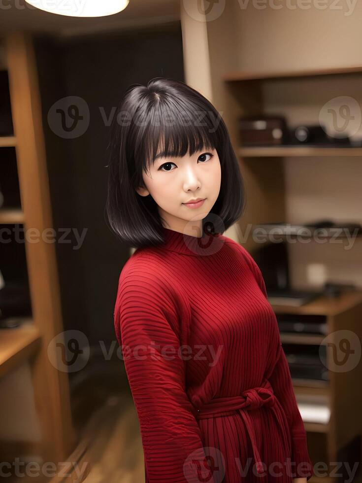 beautiful middle aged asian woman posting for picture at apartment house, generative art by A.I. photo