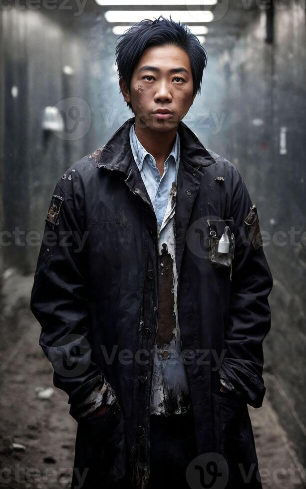 scientist researcher wearing ripped lab coat at laboratory, photo