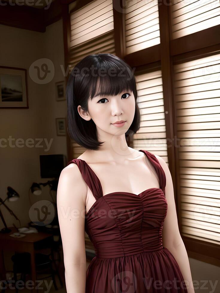 beautiful middle aged asian woman posting for picture at apartment house, generative art by A.I. photo