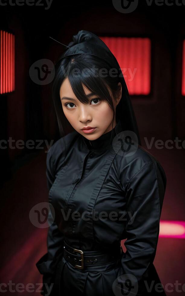 mujer en negro ninja traje a oscuro habitación, generativo ai foto