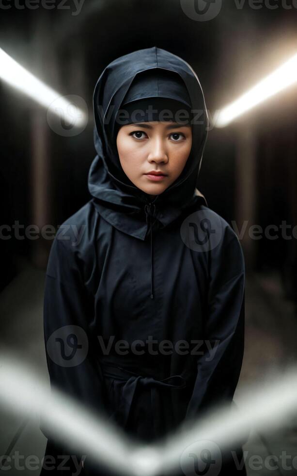 woman in black ninja suit at dark room, photo