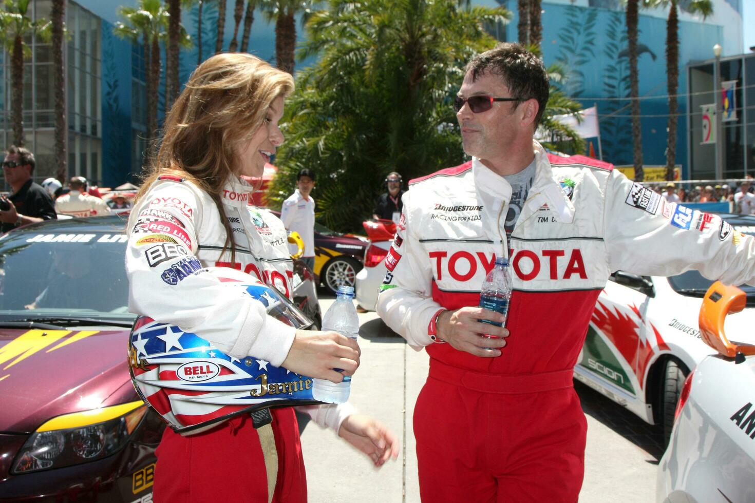 Jamie Little  Tim Daly discussing practice at the Toyota ProCeleb Qualifying Day on April 17 2009 at the Long Beach Grand Prix course in Long Beach California 2009 Kathy Hutchins Hutchins Photo