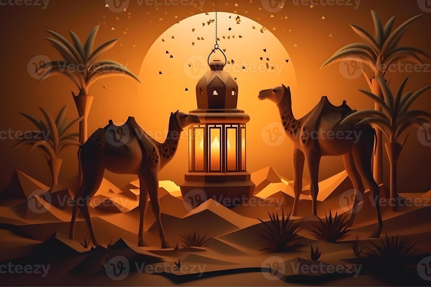 Eid Al Adha Background Template Golden Themed With Camel And Lantern. photo