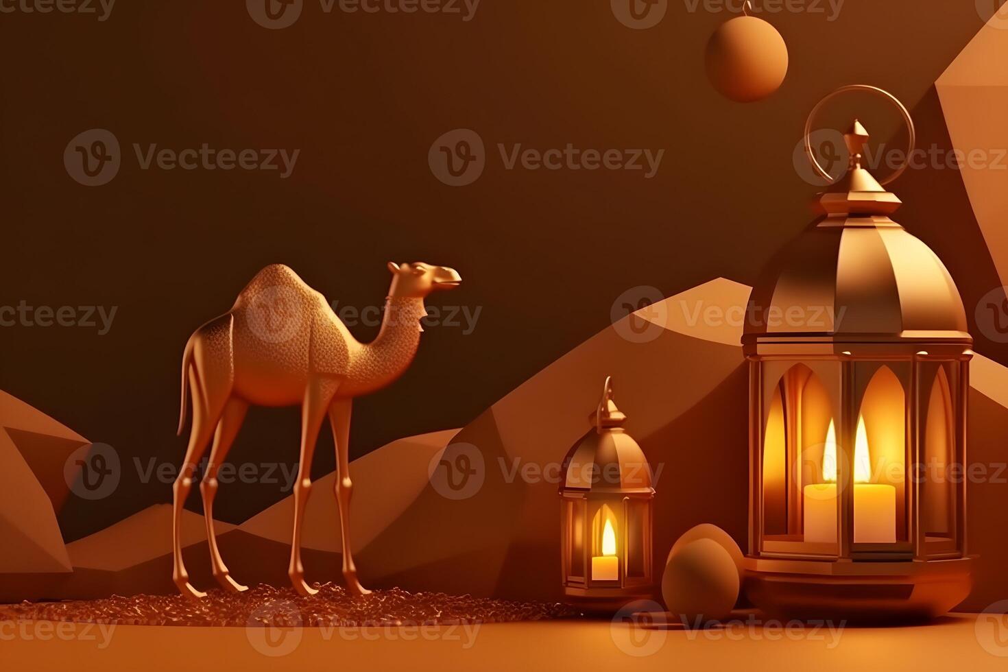 Eid Al Adha Background Template Golden Themed With Camel And Lantern. photo