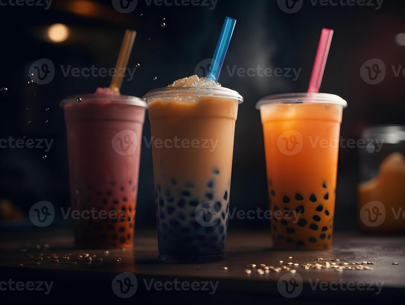 milk tea with bubble tapioca pearls on black background, photo