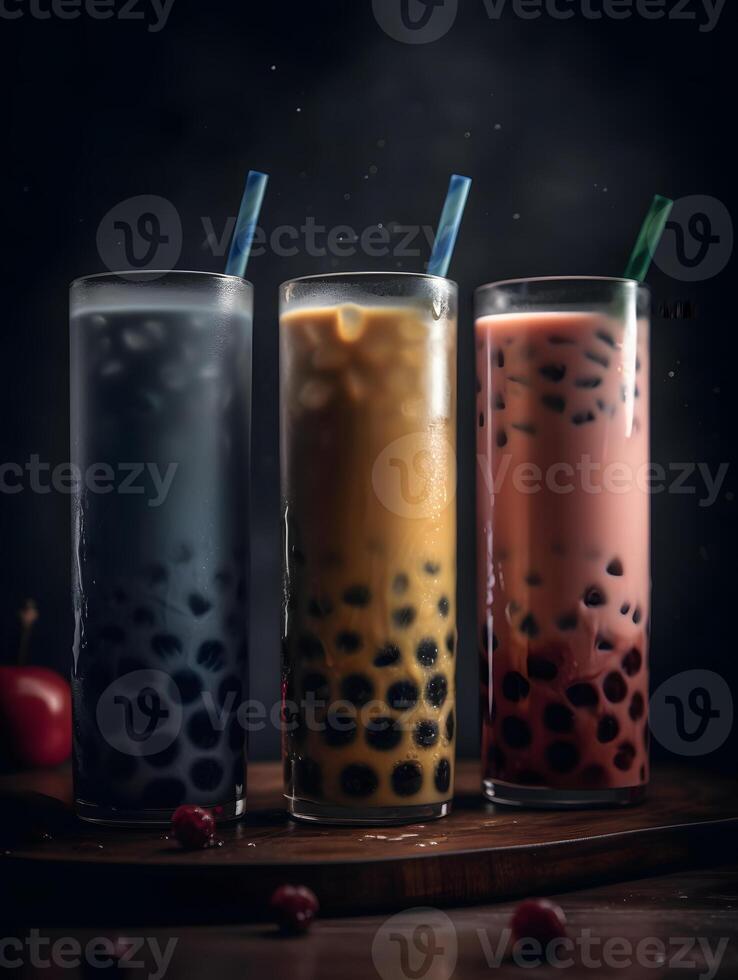 milk tea with bubble tapioca pearls on black background, photo