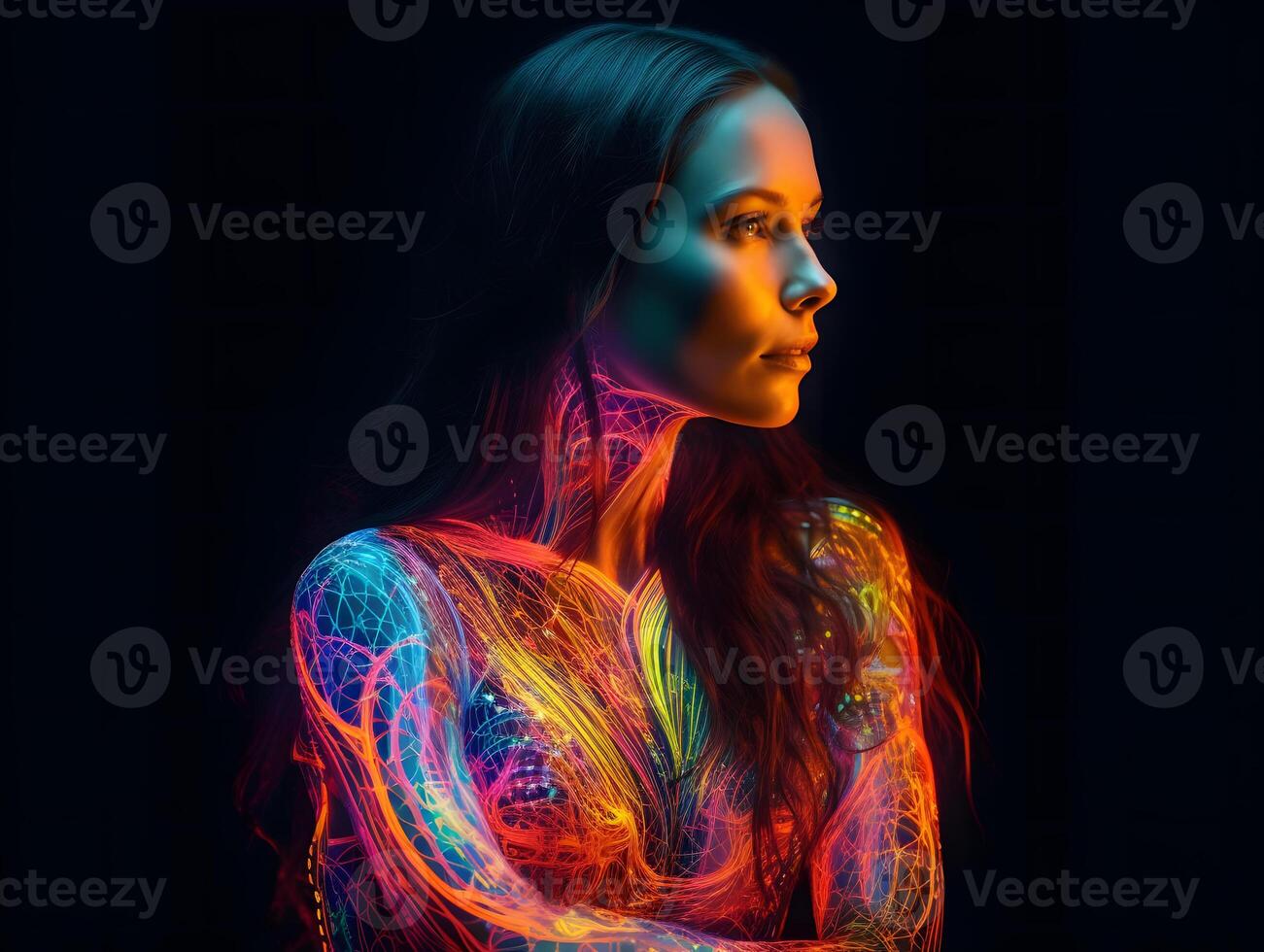 belleza mujer con neón fuego vestir en el estilo de bioluminiscente arte, ai generado foto