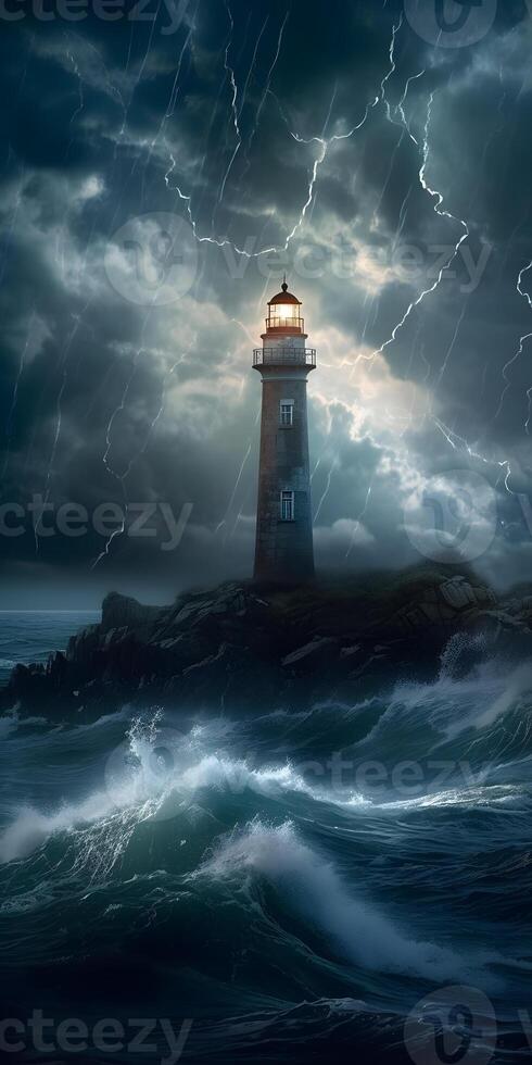 lighthouse during storm, harbor landscape with storm and lightning, wallpaper. photo