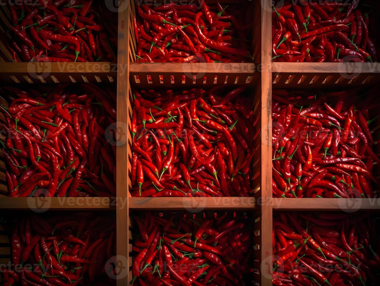 Harvest of Red Chilies in Wooden Baskets, AI generated photo