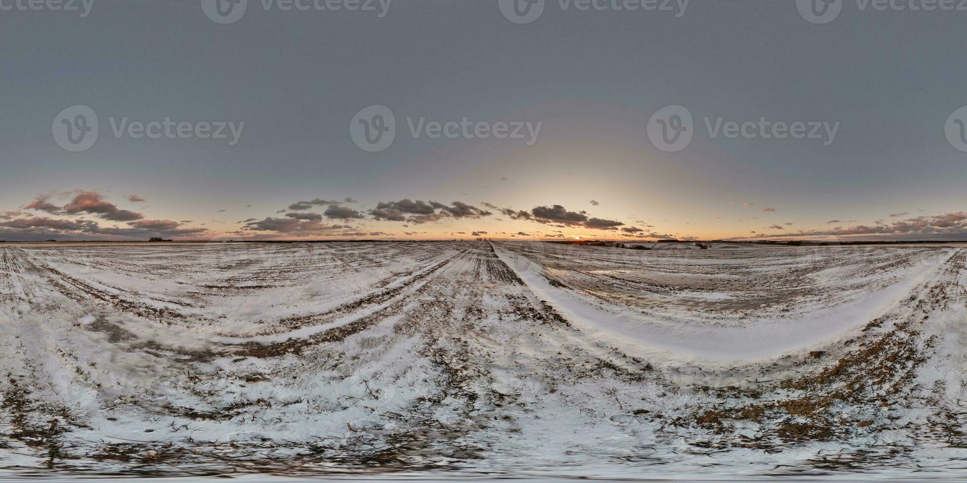 evening 360 hdri panorama on farming field with snow and dark blue sky with in equirectangular spherical seamless projection, use as sky replacement in drone panoramas, game development as sky dome photo