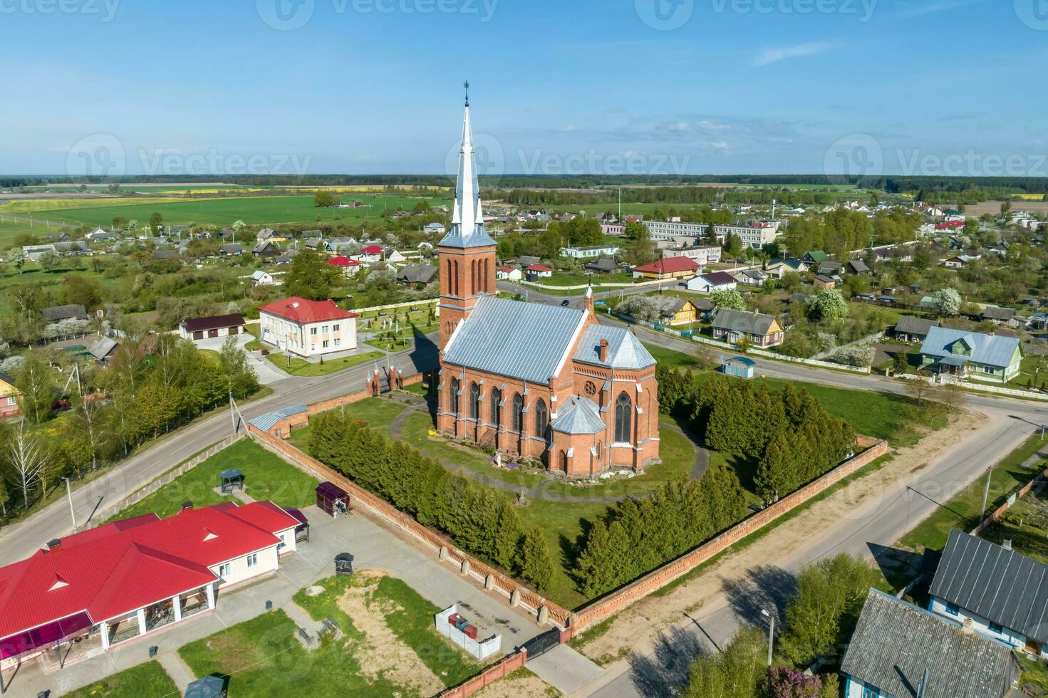 aerial view on baroque or gothic temple or catholic church in countryside photo