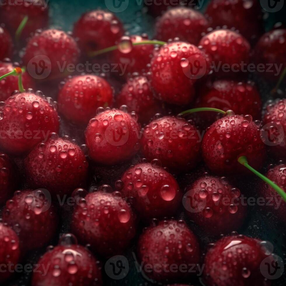 un lote de Fresco Cereza relleno lleno marco pequeño gotas de agua profesional fotografía ai generado foto