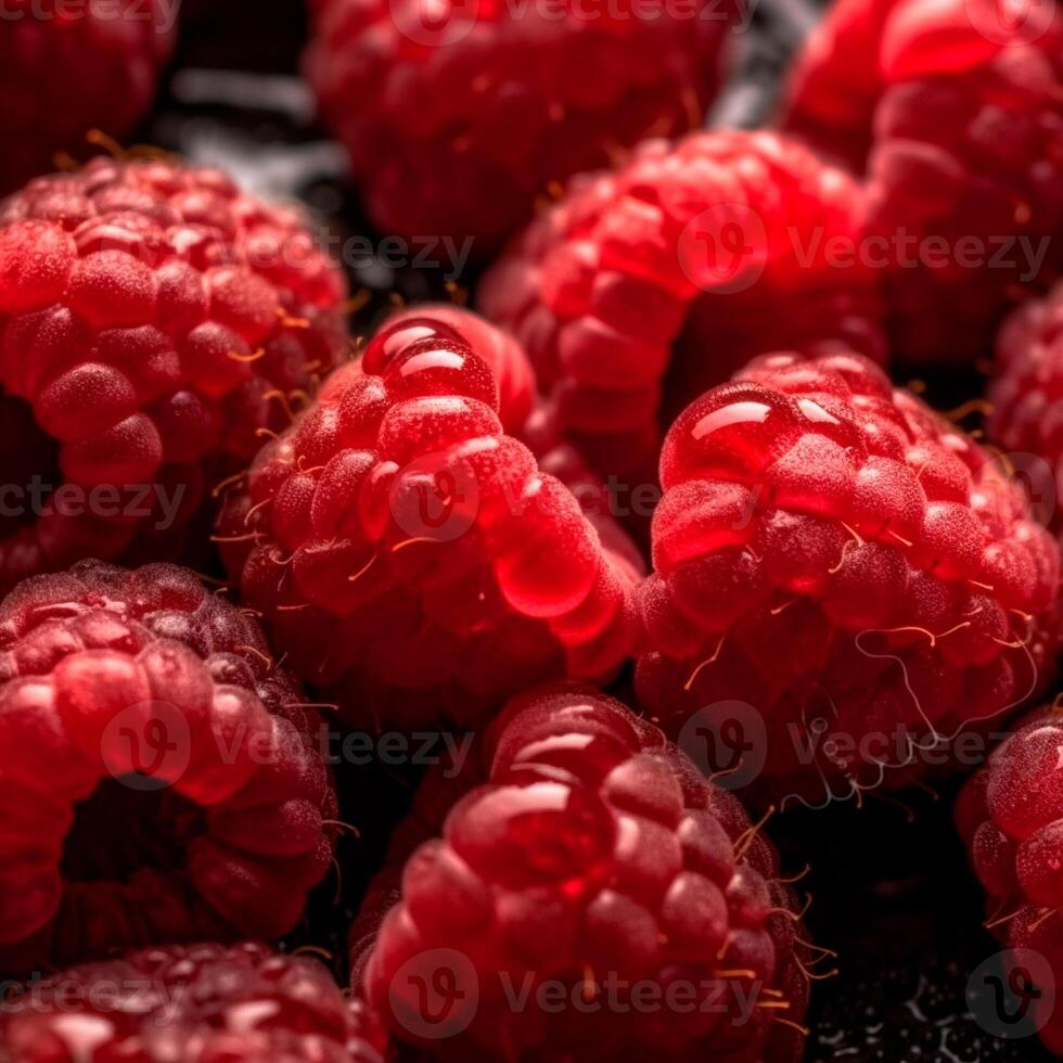 Fresco rojo frambuesas relleno lleno marco pequeño gotas de agua profesional fotografía ai generado foto