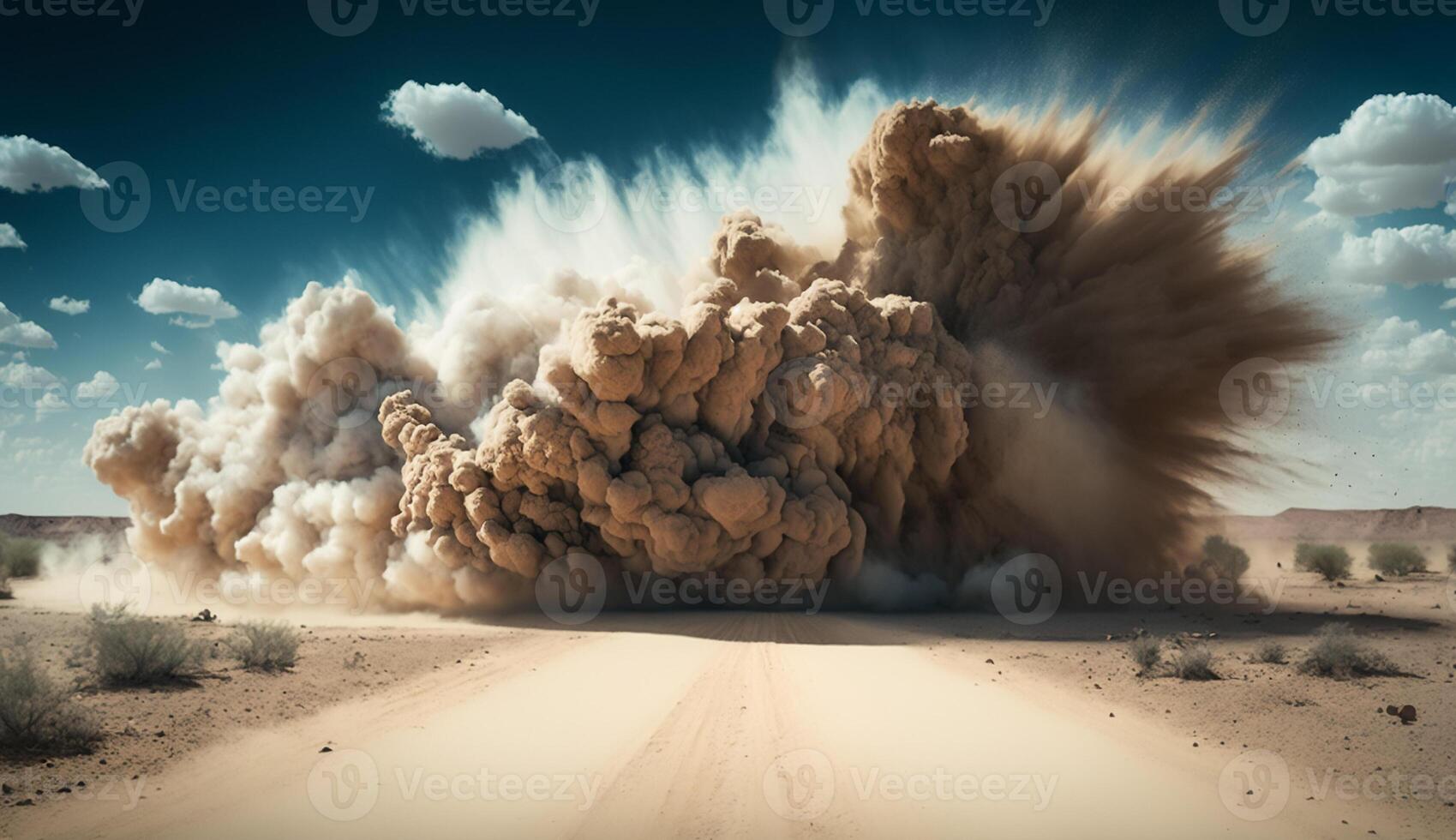 A desert scene with clouds and smoke coming out of the ground. photo