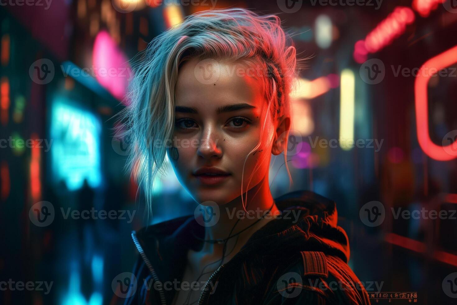 A girl with a neon sign in the background. photo