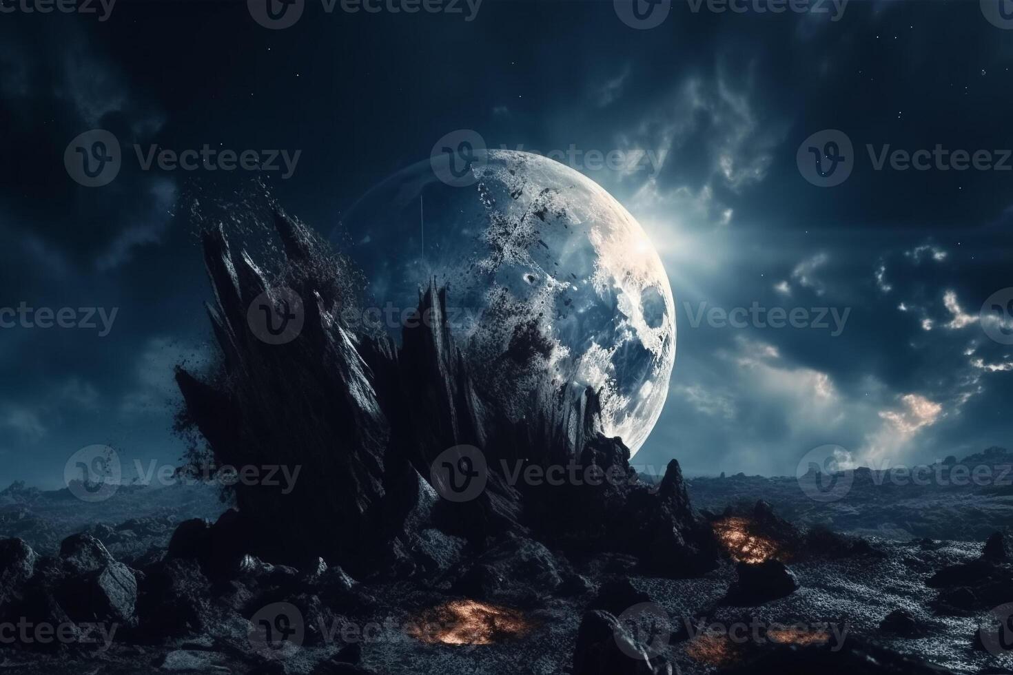 A moonlit landscape with a planet and the moon. photo