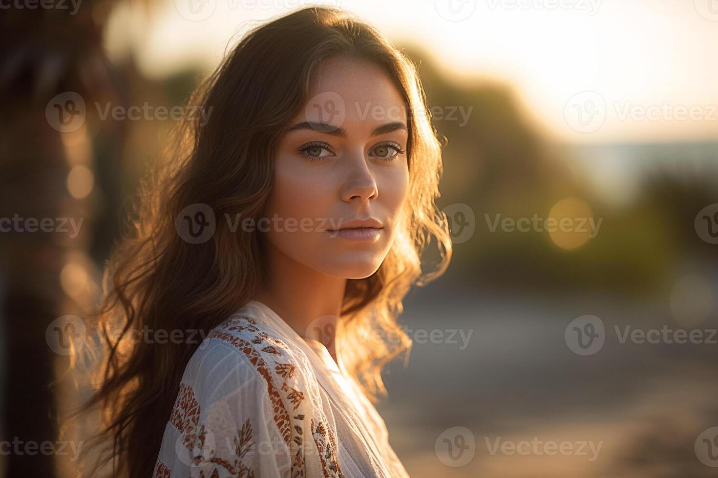 a gorgeous hispanic woman wearing a white silk dress, shy half smile golden hour, beach scenery. photo