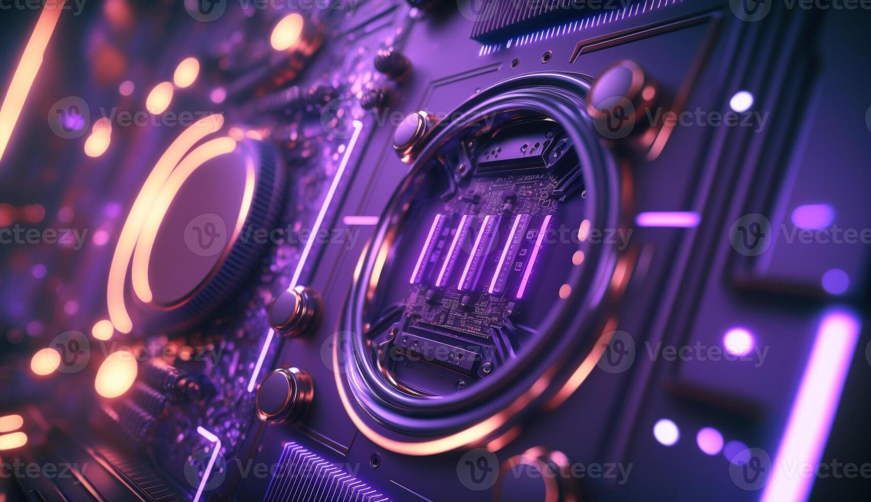 A purple and purple electronic device with a circuit board in the middle. photo