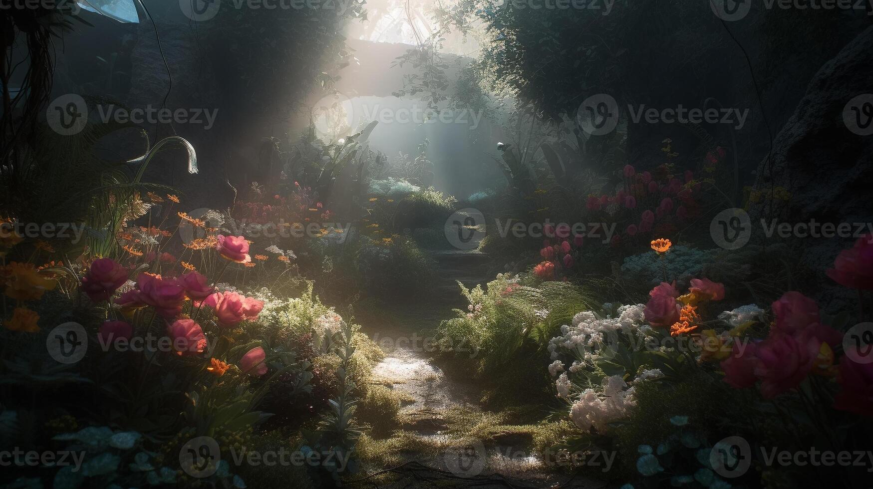 A path in the forest with flowers and a lantern. photo