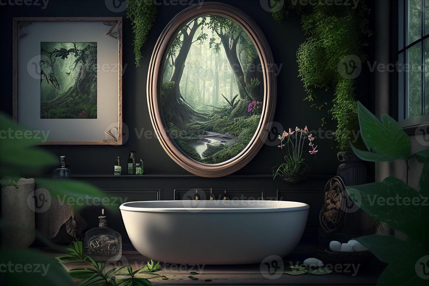 Bath spaces and vanities with styling decor around them. photo