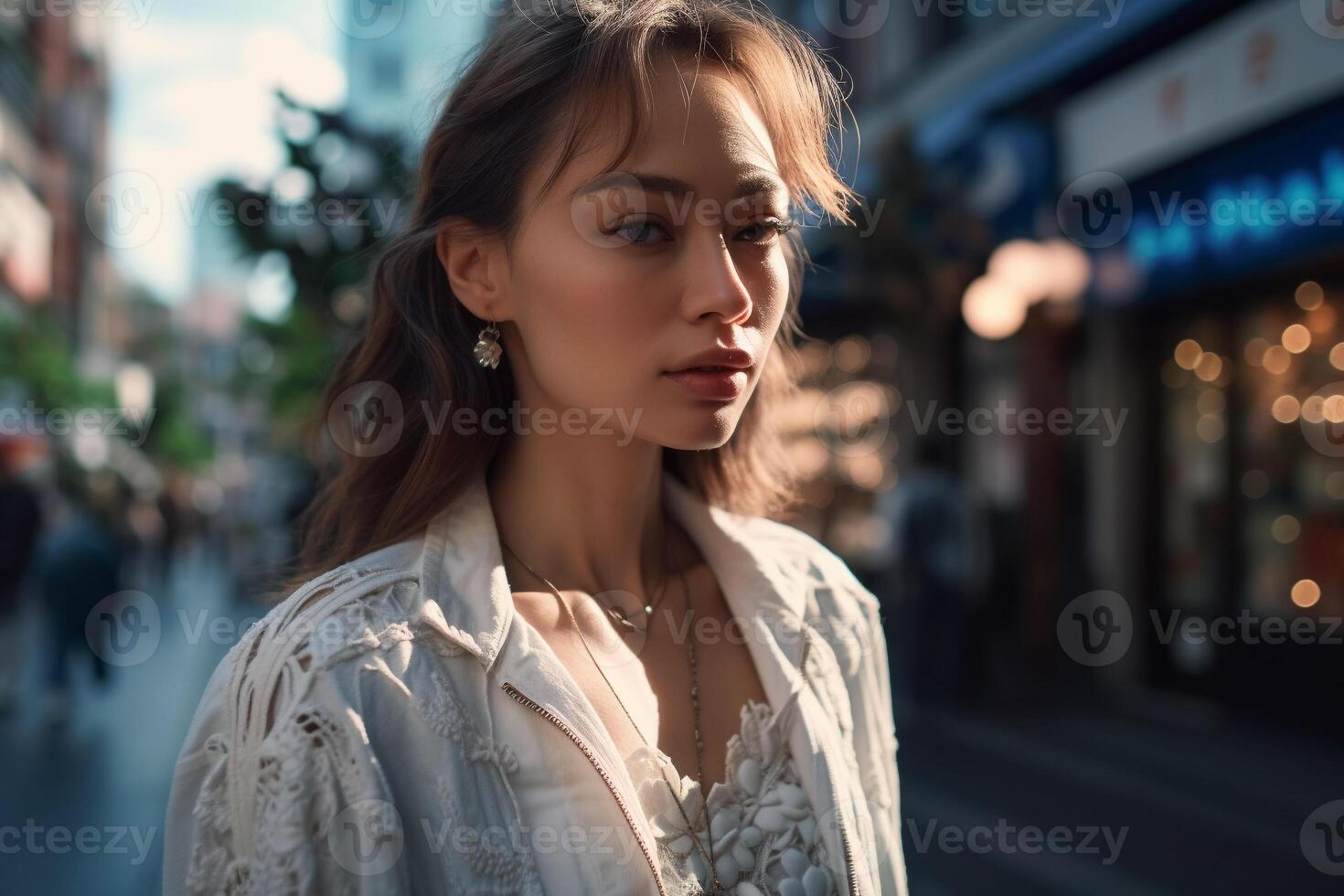 A woman stands on a street wearing a white jacket with a gold drop earrings. photo