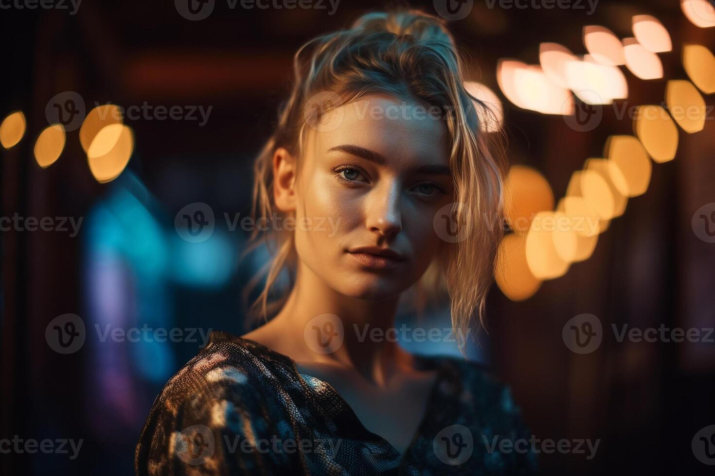 A woman stands in front of a blurred background with lights in the background. photo