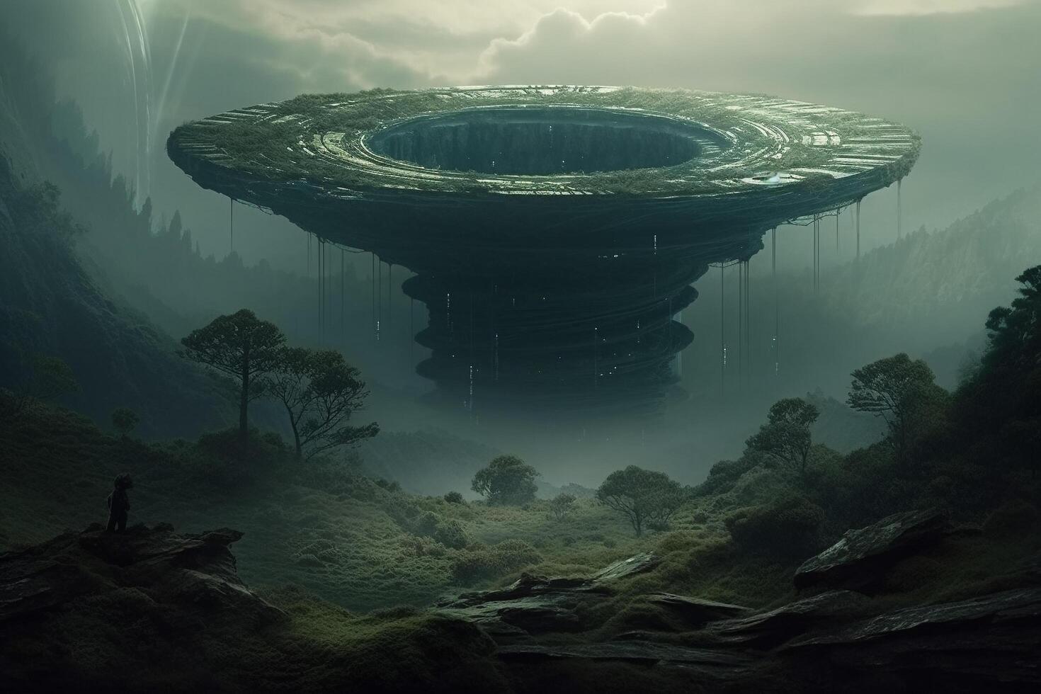 A dark world with a green alien base in the middle of it. photo