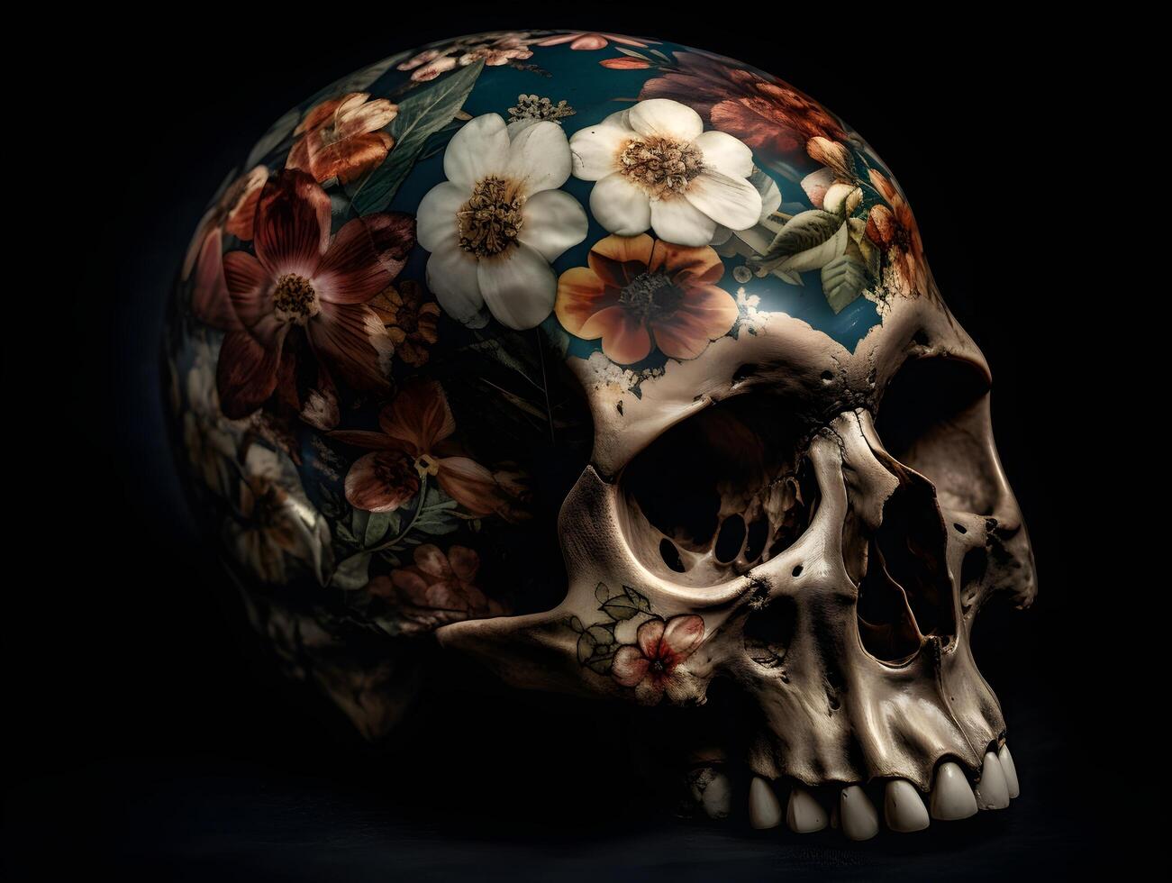 humano cráneo para contento Víspera de Todos los Santos sonriente cráneo floral diseño en cráneo foto