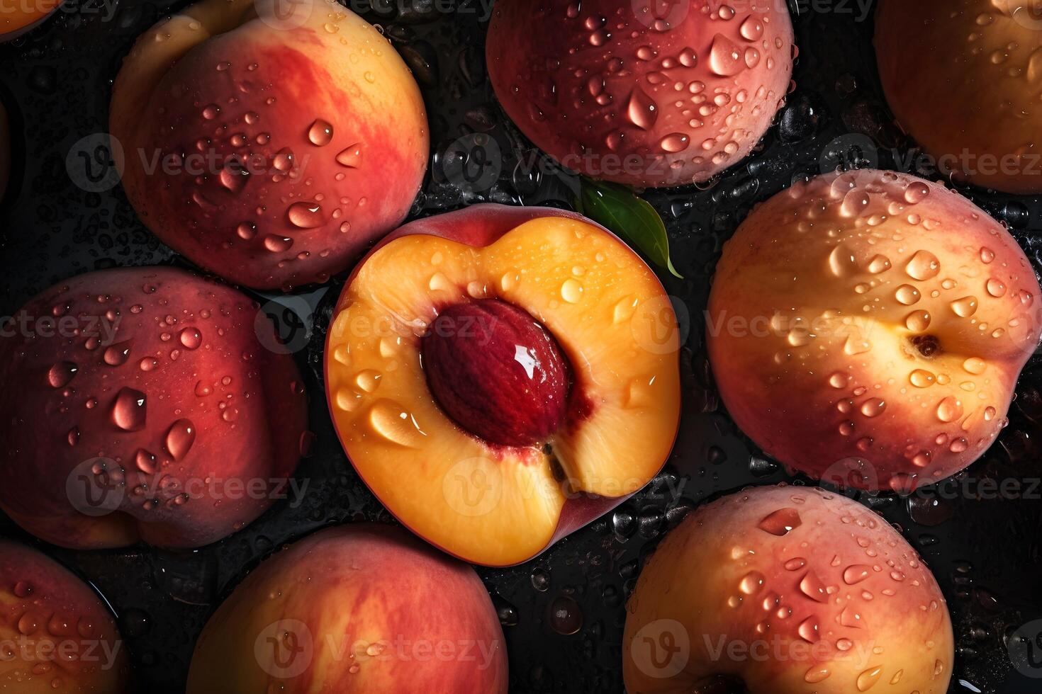 Fresco melocotón comida artículos Fruta de cerca fotografía gota de agua terminado melocotón ai generativo foto